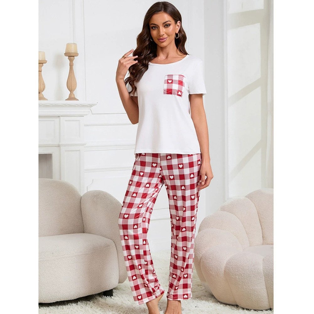 ZARA Red Plaid Print Womens Short Sleeve Pajama Set